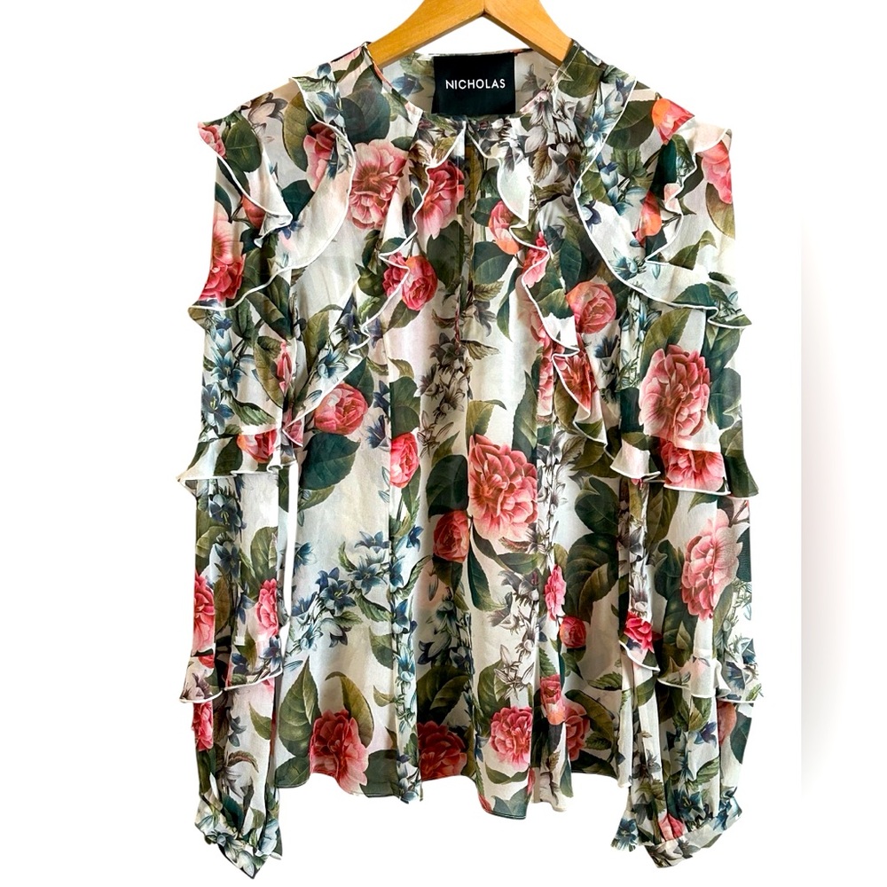 NICHOLAS Silk Floral Blouse Semi Sheer Long Sleeve Ruffle Accents Size 2